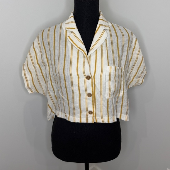 Forever21 White Tan Striped Crop Boxy Button Up Top (S) - Picture 1 of 6